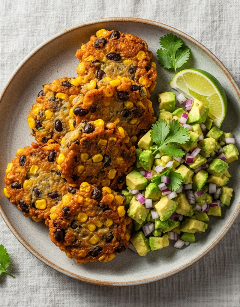 Black Bean and Corn Fritters with Avocado Salsa