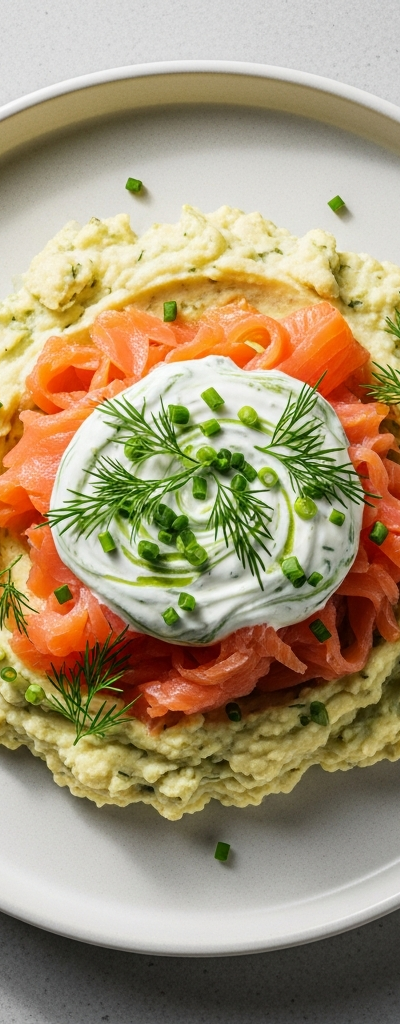 Smoked Salmon Mashed Cauliflower with Herb Yogurt