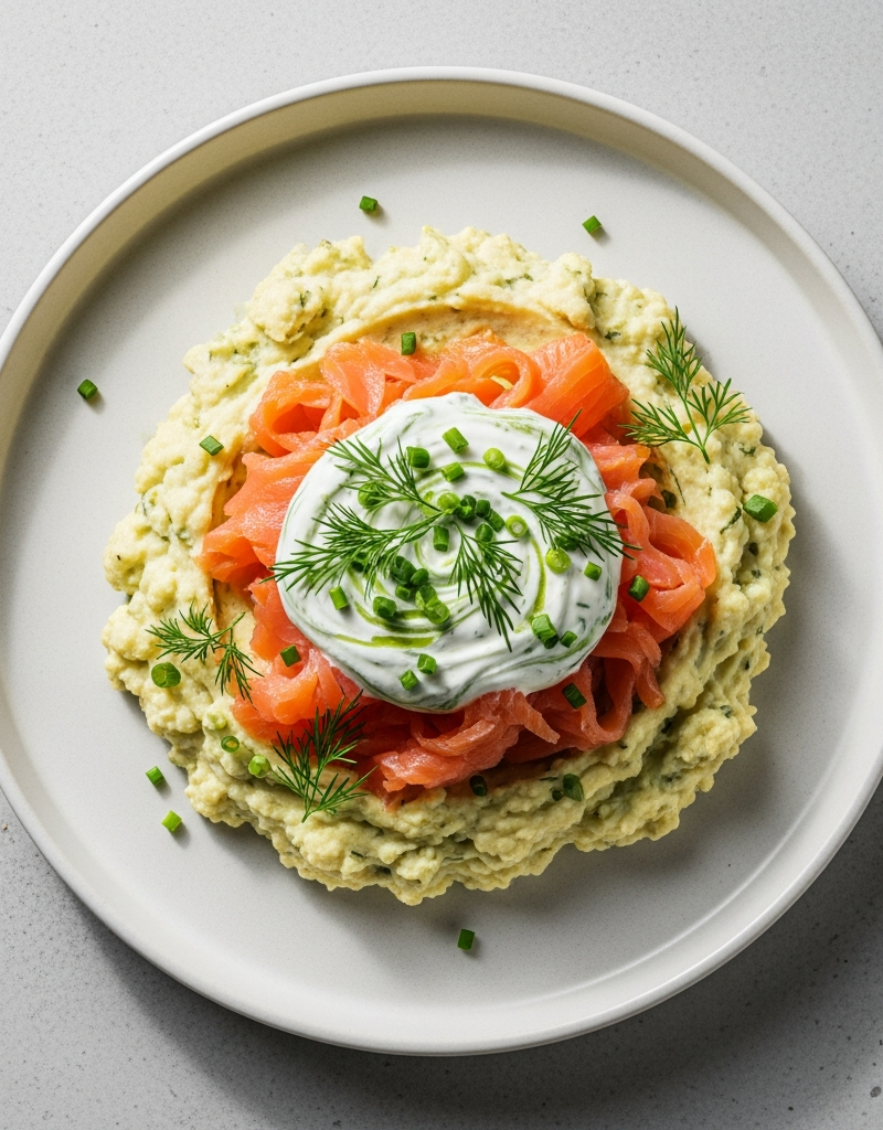 Smoked Salmon Mashed Cauliflower with Herb Yogurt