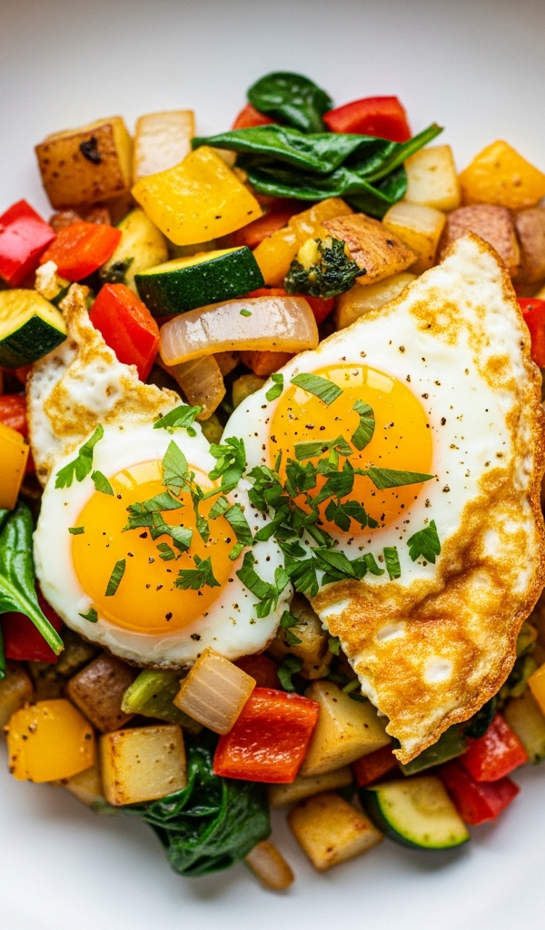A skillet of eggs with potatoes and vegetables