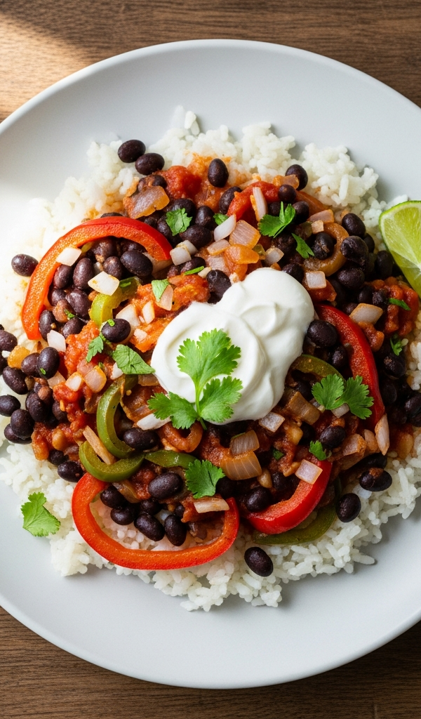 A skillet of black beans and rice with peppers