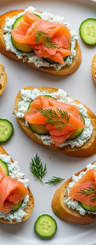 Smoked Salmon and Cucumber Cream Cheese Crostini