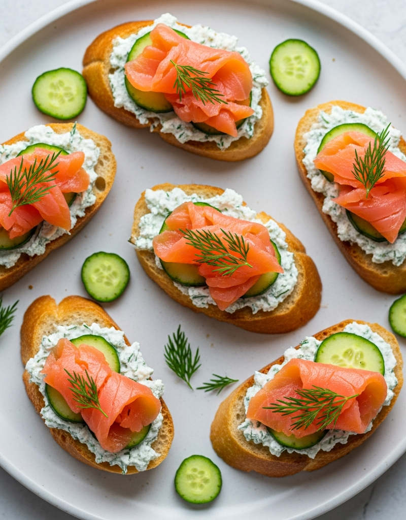 Smoked Salmon and Cucumber Cream Cheese Crostini