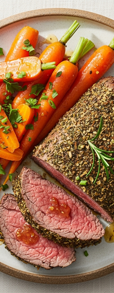 Herb-Crusted Roast Beef with Honey-Glazed Carrots