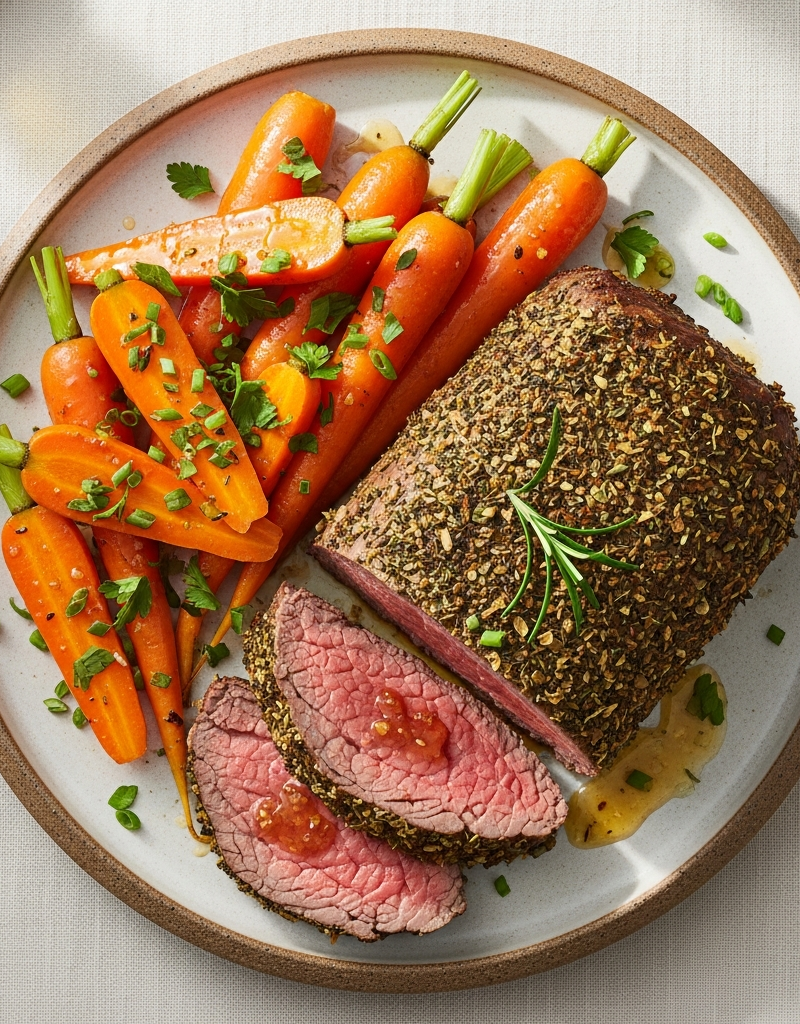 Herb-Crusted Roast Beef with Honey-Glazed Carrots