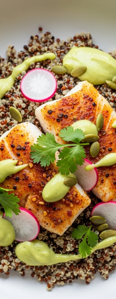 Spiced Cod & Quinoa Bowl with Avocado Dressing