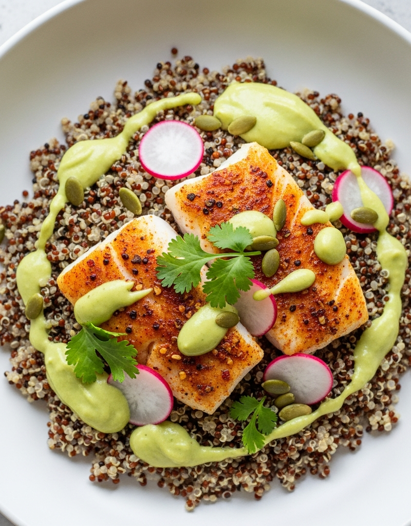 Spiced Cod & Quinoa Bowl with Avocado Dressing