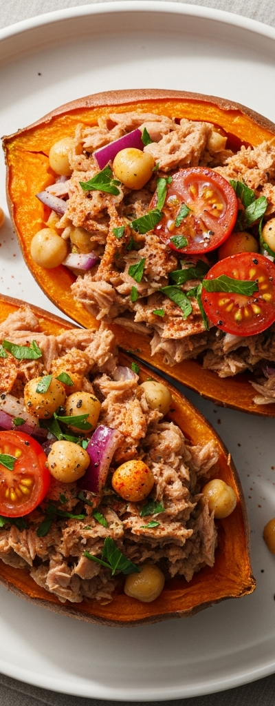 Mediterranean Stuffed Sweet Potatoes with Tuna and Chickpeas