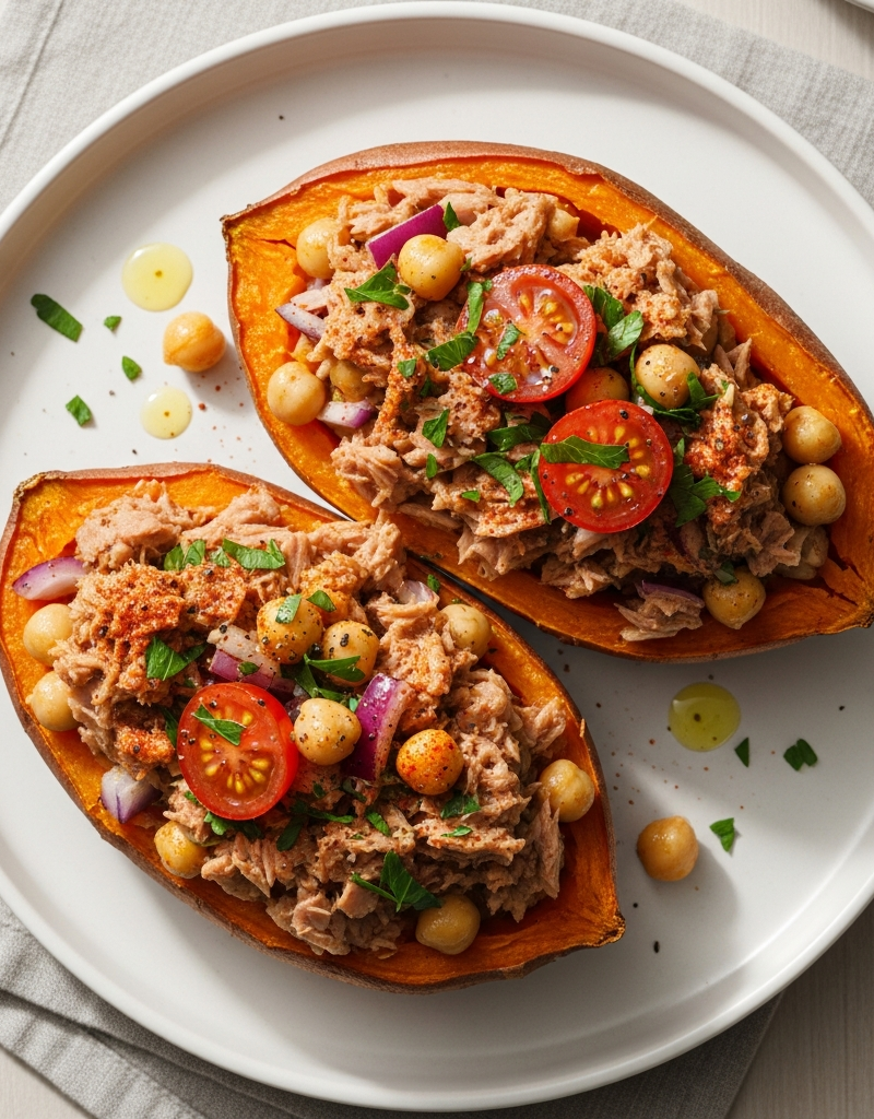 Mediterranean Stuffed Sweet Potatoes with Tuna and Chickpeas