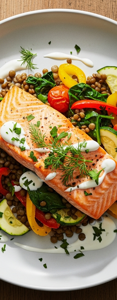 Baked Salmon with Lentil and Veggie Medley