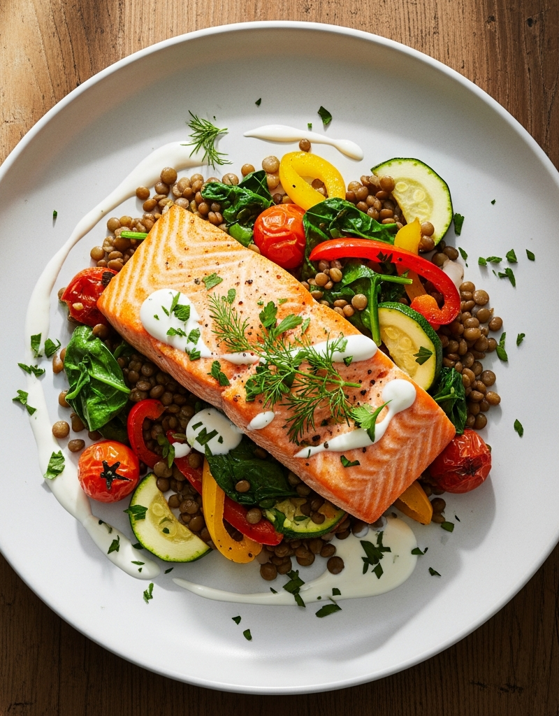 Baked Salmon with Lentil and Veggie Medley