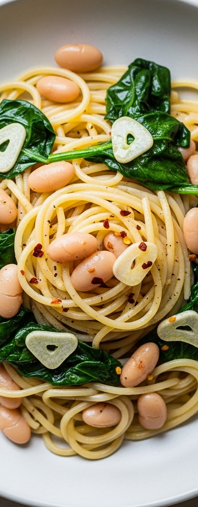 Spaghetti with Garlic Spinach and White Beans