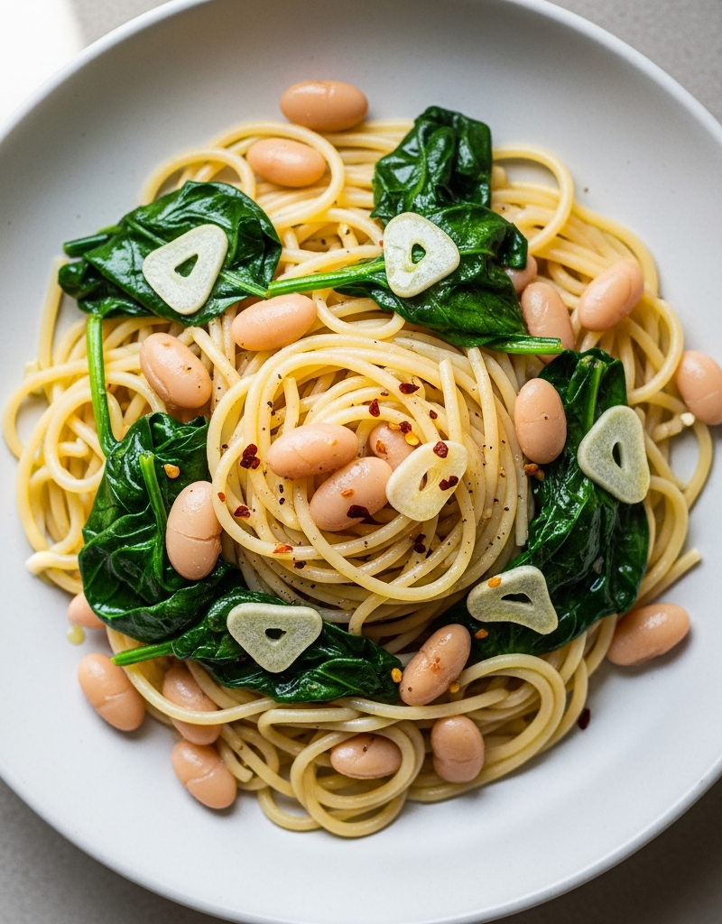 Spaghetti with Garlic Spinach and White Beans