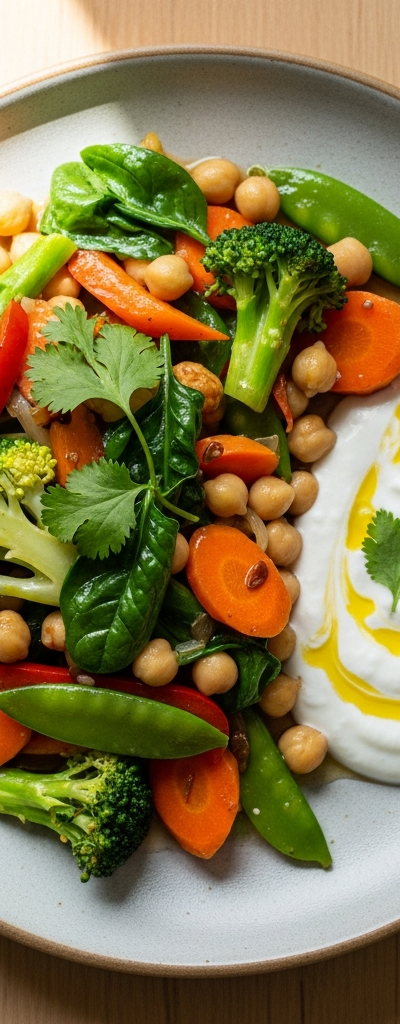 Chickpea and Vegetable Stir Fry with Yogurt Sauce