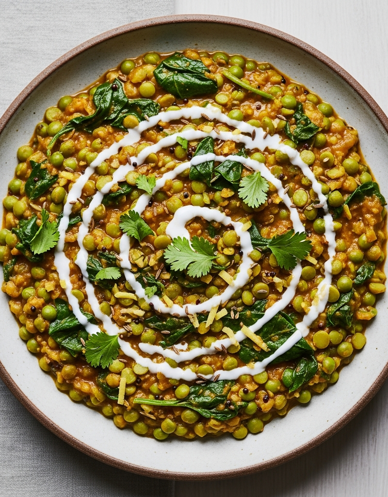 A bowl of split pea and spinach curry