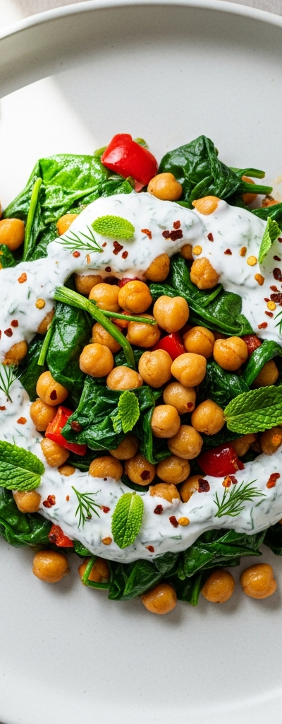 Chickpea and Spinach Stir-Fry with Yogurt Dressing