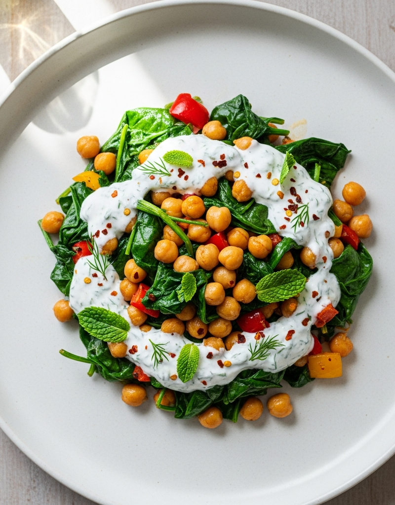 Chickpea and Spinach Stir-Fry with Yogurt Dressing