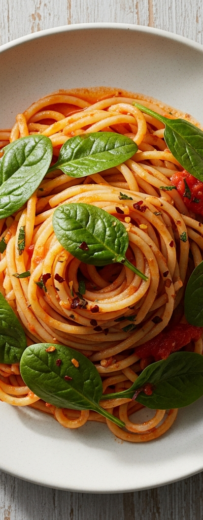 Garlic Spinach Pasta with Spicy Tomato Sauce