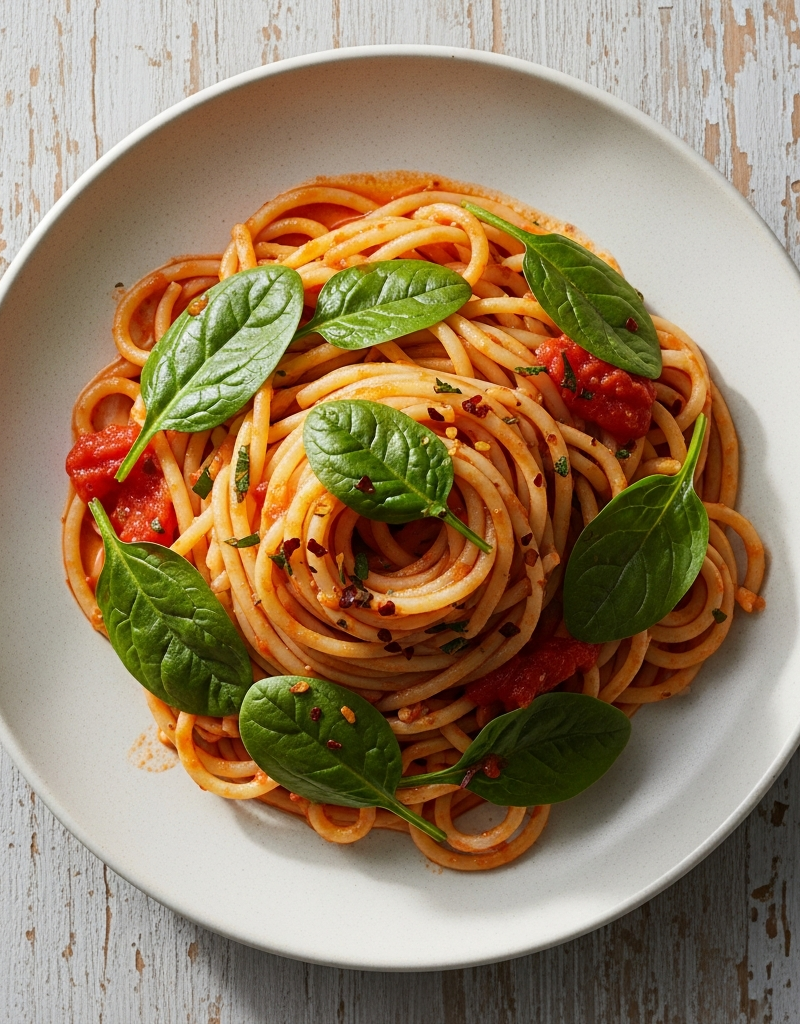 Garlic Spinach Pasta with Spicy Tomato Sauce