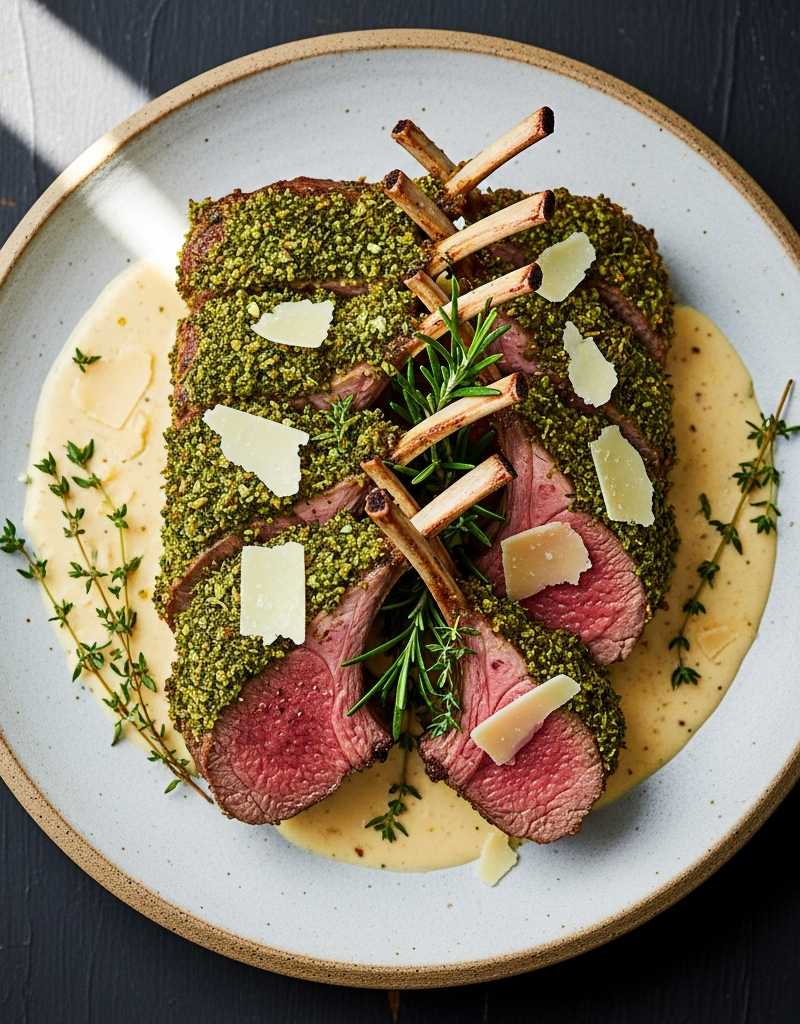 Herb-Crusted Rack of Lamb with Parmesan Cream Sauce