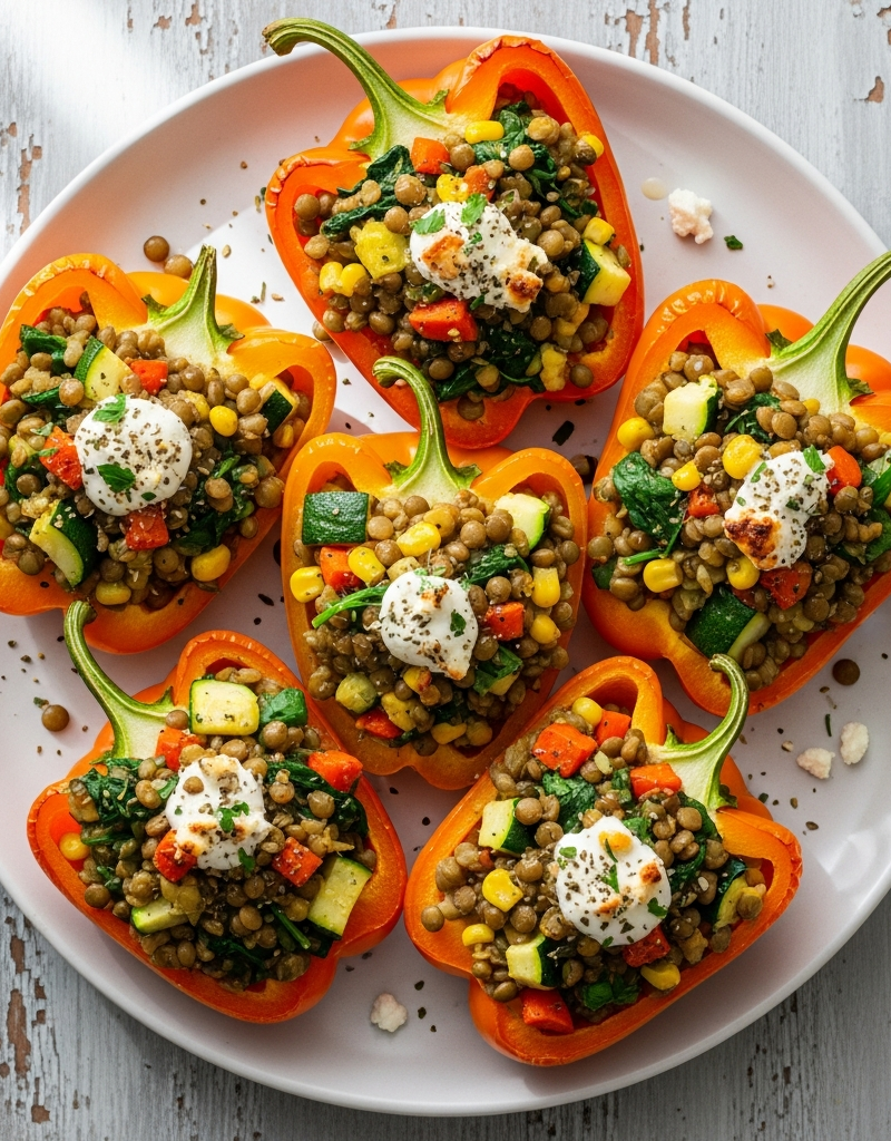 Green Lentil and Vegetable Stuffed Bell Peppers