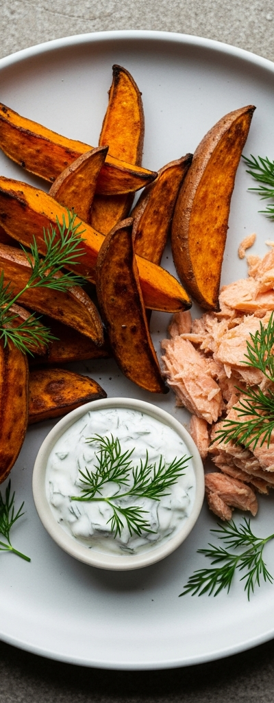 Salmon and Sweet Potato Wedges with Dill Yogurt Dip