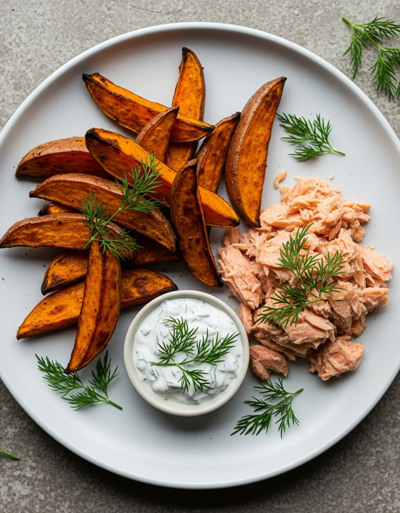 Salmon and Sweet Potato Wedges with Dill Yogurt Dip
