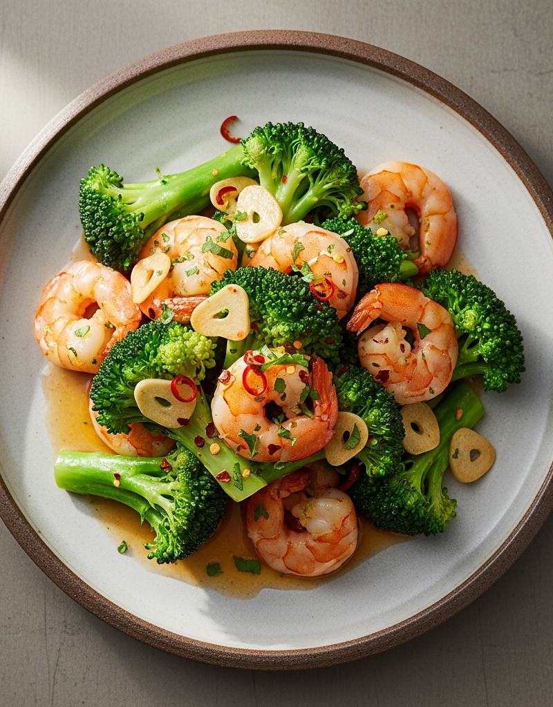Garlic shrimp stir-fried with broccoli