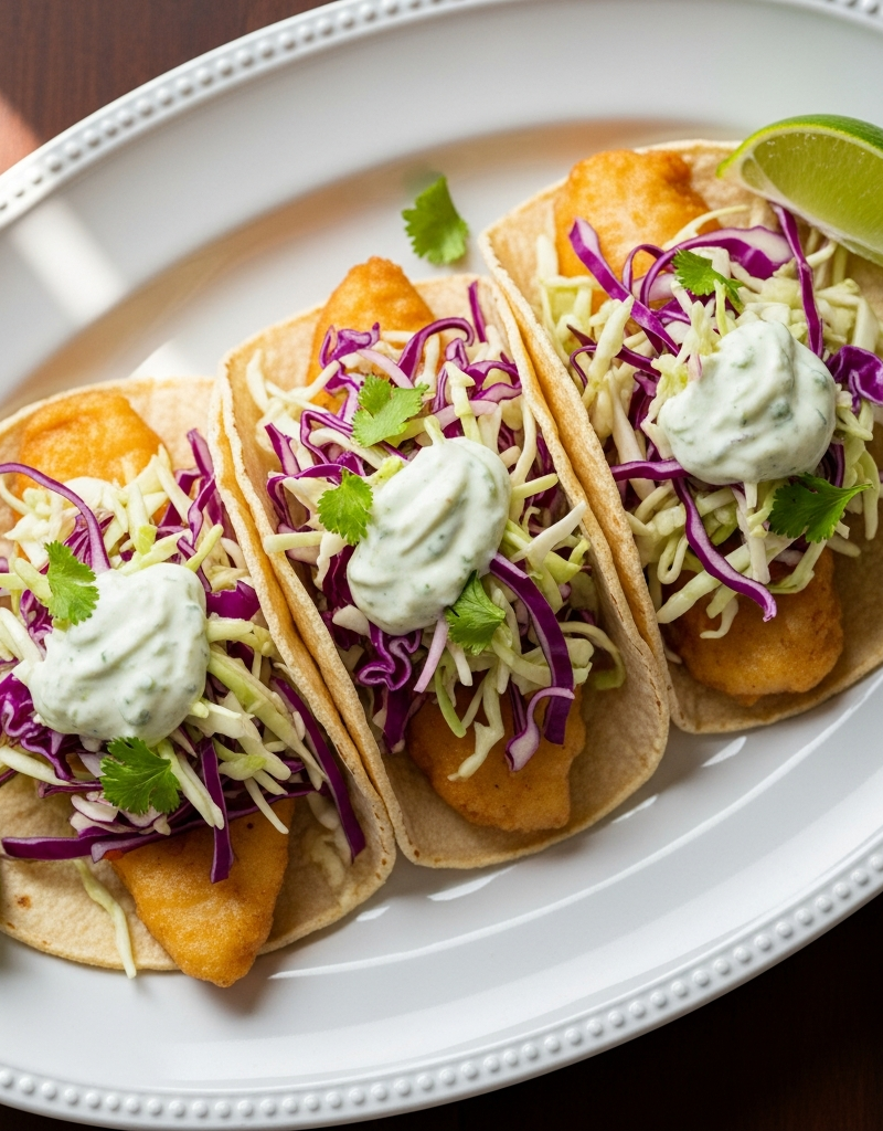 Fish Tacos with Cabbage Slaw and Yogurt Lime Sauce
