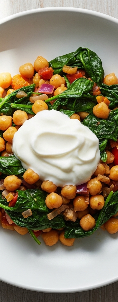 Chickpea and Spinach Stir-Fry with Yogurt
