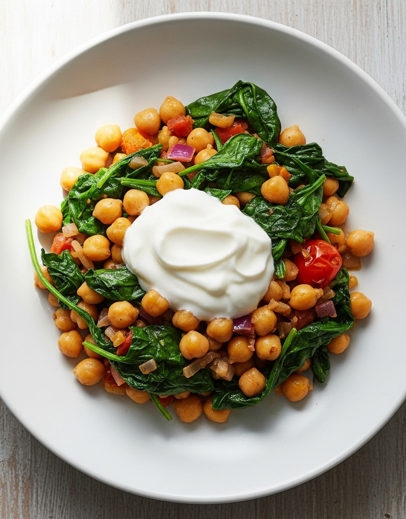 Chickpea and Spinach Stir-Fry with Yogurt