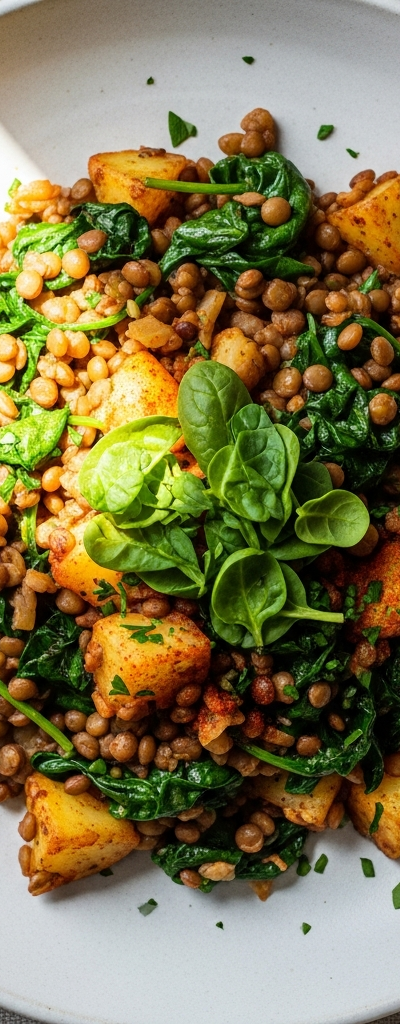Potato and Lentil Skillet with Spinach