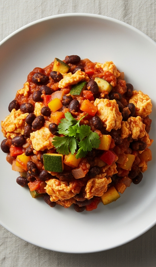 A pan of egg chilli with black beans and vegetables