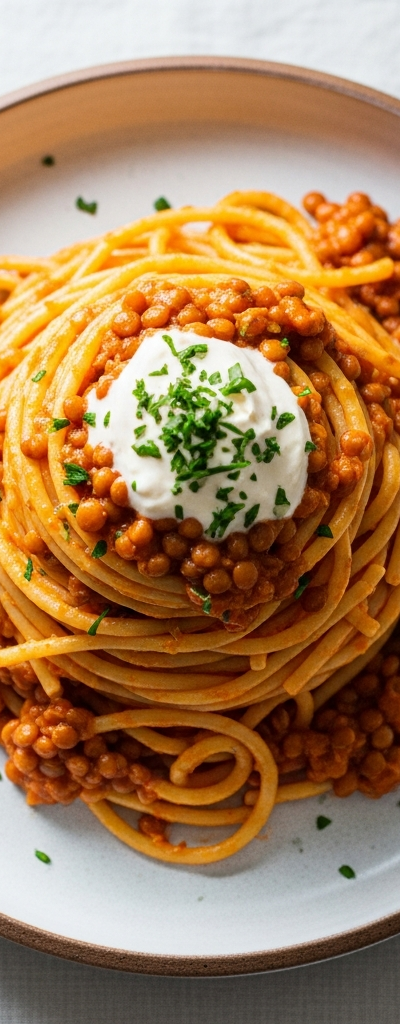 Spaghetti with Creamy Tomato Lentil Sauce