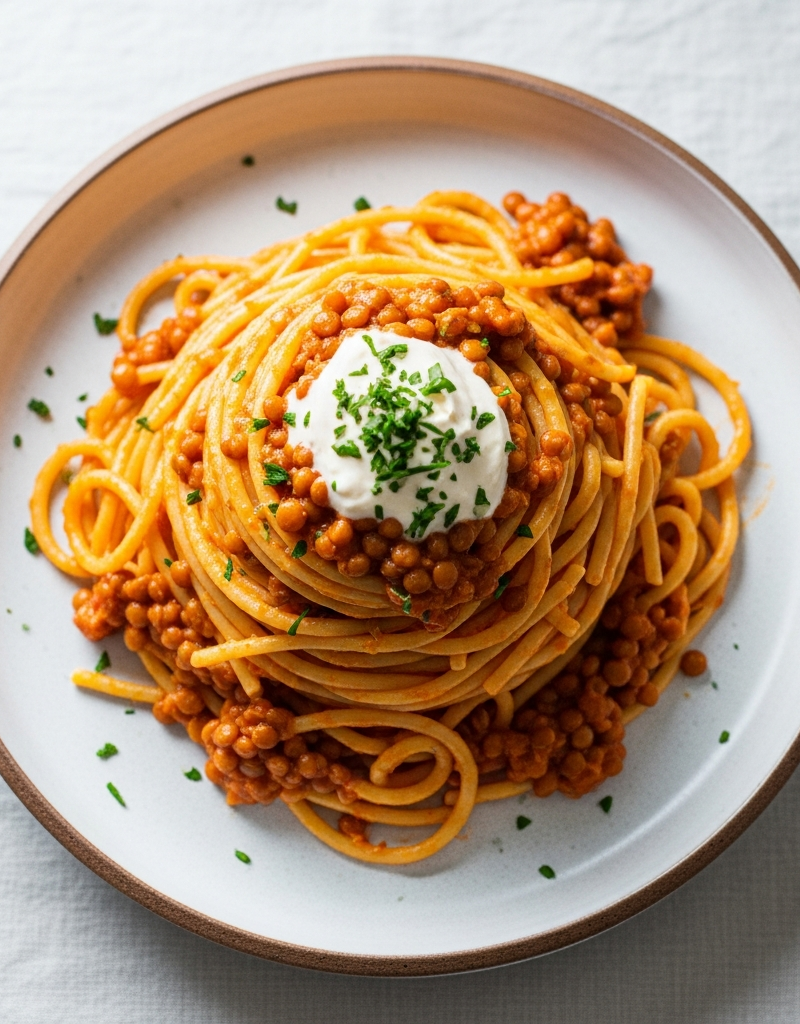 Spaghetti with Creamy Tomato Lentil Sauce