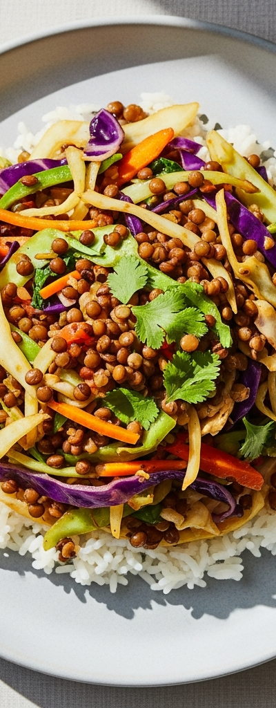 Cabbage and Lentil Stir-Fry with Rice