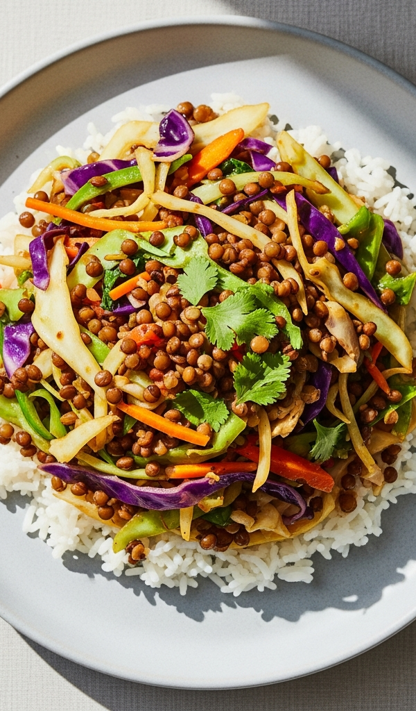 Cabbage and Lentil Stir-Fry with Rice