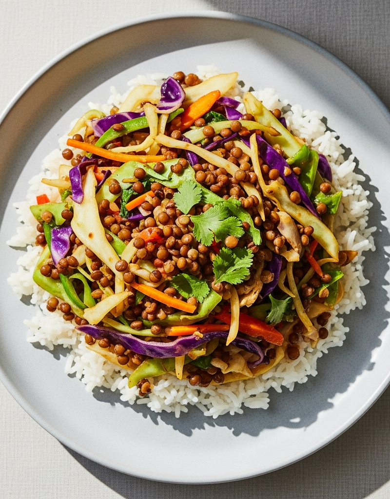 Cabbage and Lentil Stir-Fry with Rice