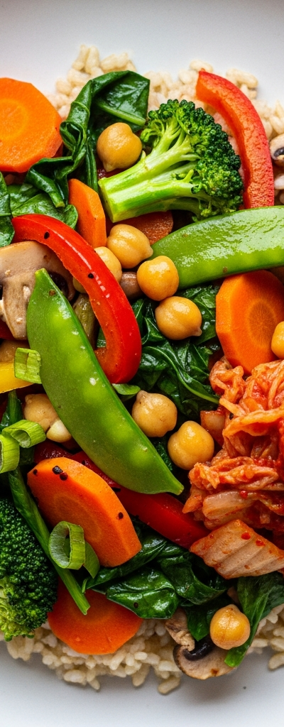 Vegan Vegetable Stir-Fry with Brown Rice and Kimchi