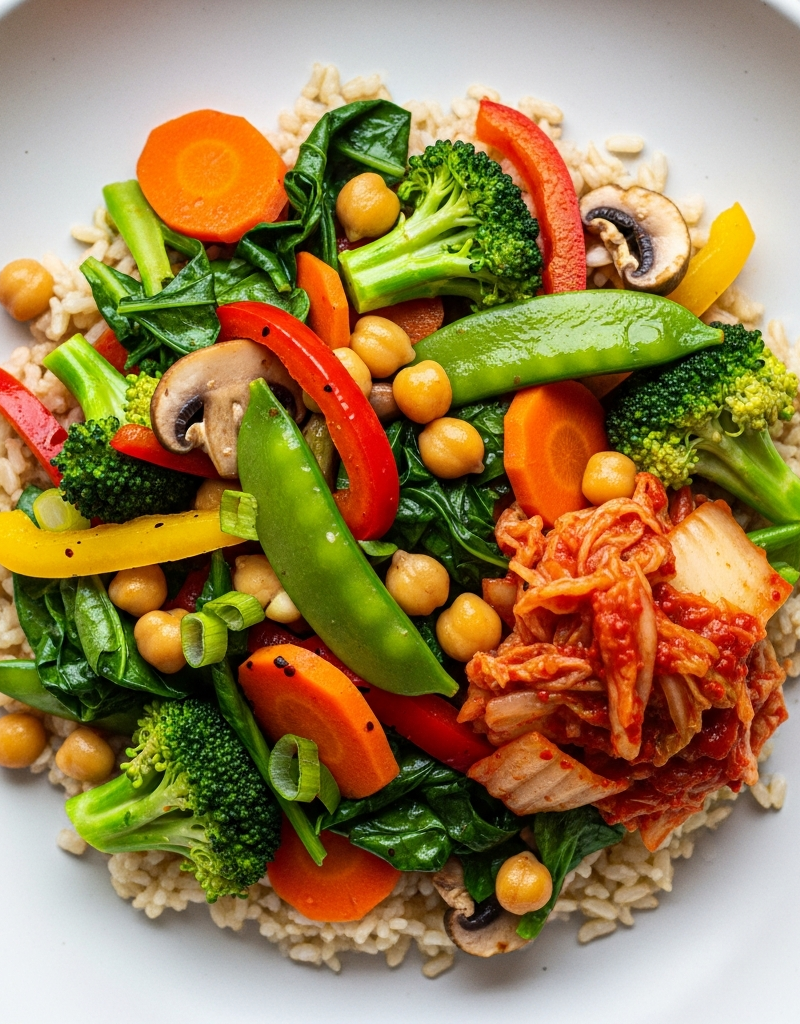 Vegan Vegetable Stir-Fry with Brown Rice and Kimchi