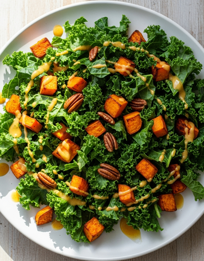 Roasted Sweet Potato and Kale Salad with Honey Mustard Dressing