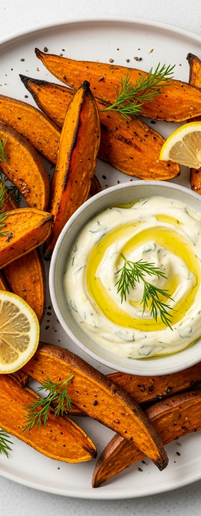 Mediterranean Roasted Sweet Potato Wedges with Lemon Dill Yogurt