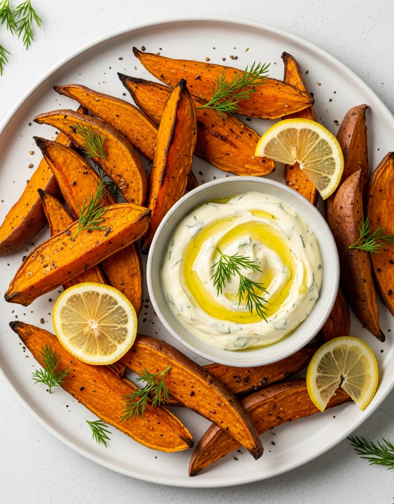 Mediterranean Roasted Sweet Potato Wedges with Lemon Dill Yogurt