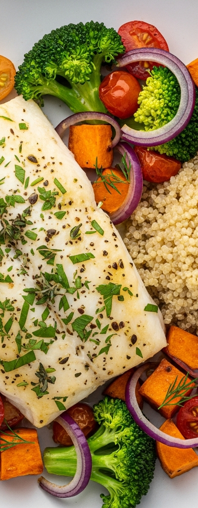 Lemon Herb Baked Cod with Quinoa and Roasted Vegetables