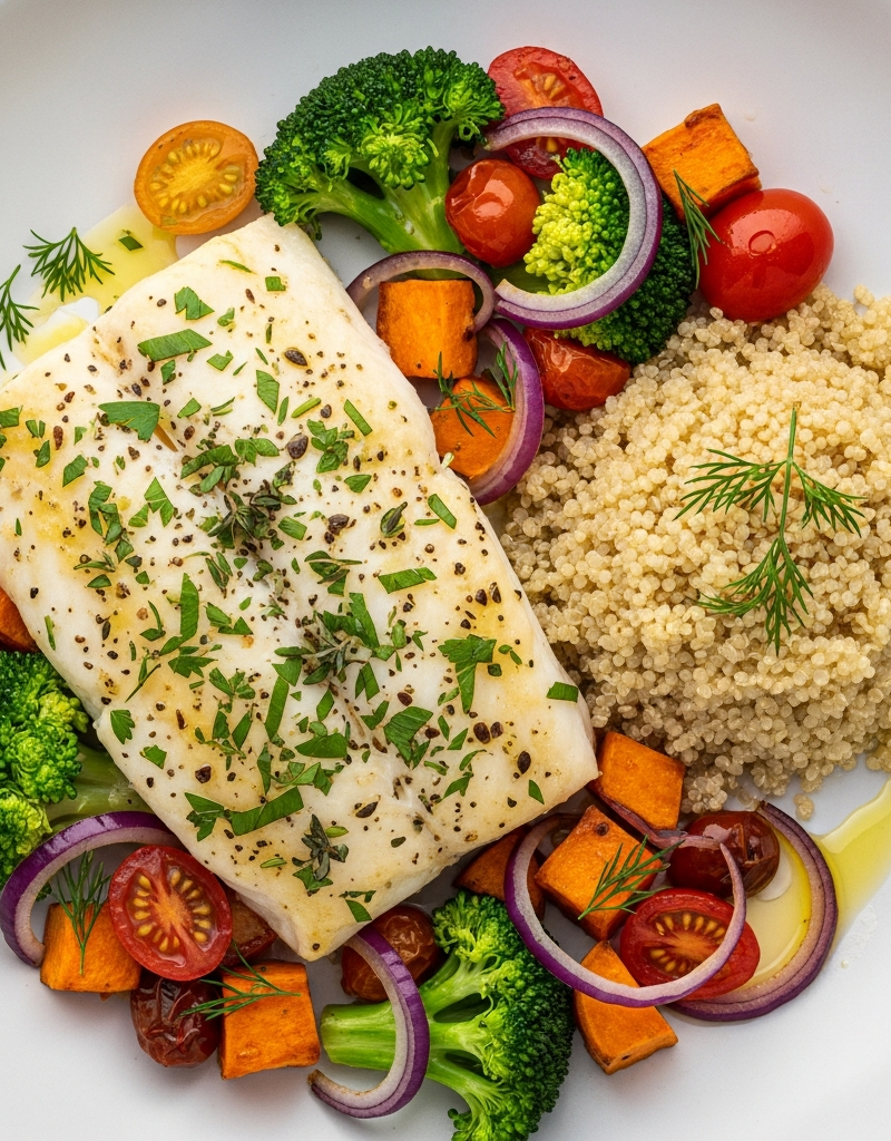 Lemon Herb Baked Cod with Quinoa and Roasted Vegetables