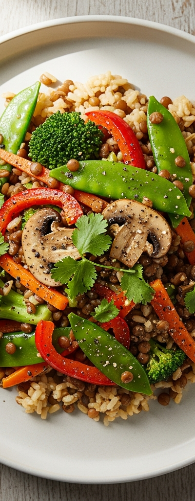 Brown Rice and Lentil Veggie Stir-Fry