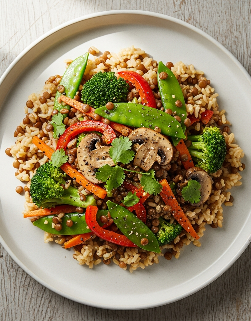 Brown Rice and Lentil Veggie Stir-Fry