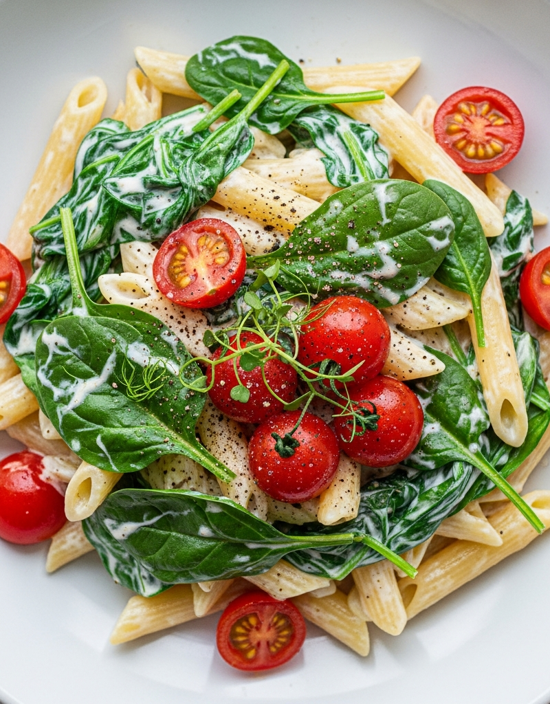 Creamy Greek Yogurt Pasta with Spinach and Cherry Tomatoes