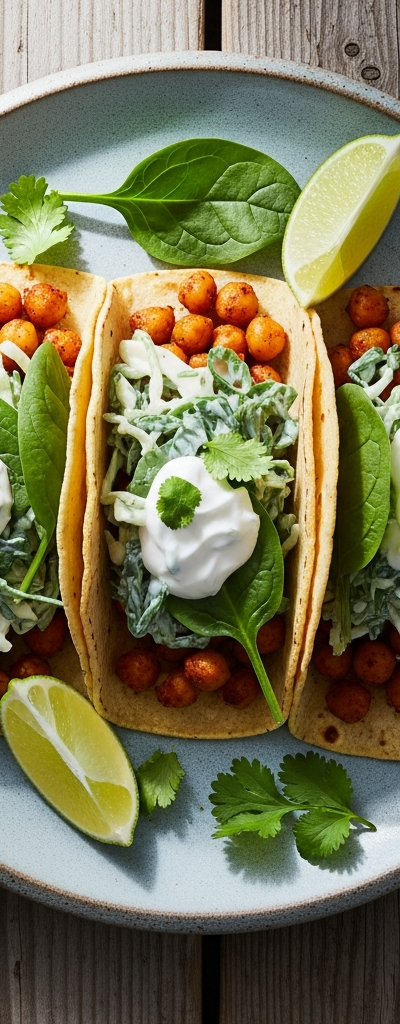 Chickpea Tacos with Yogurt and Spinach Slaw