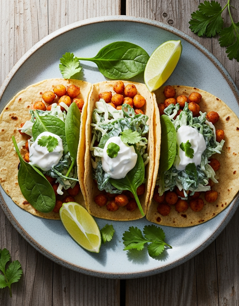 Chickpea Tacos with Yogurt and Spinach Slaw